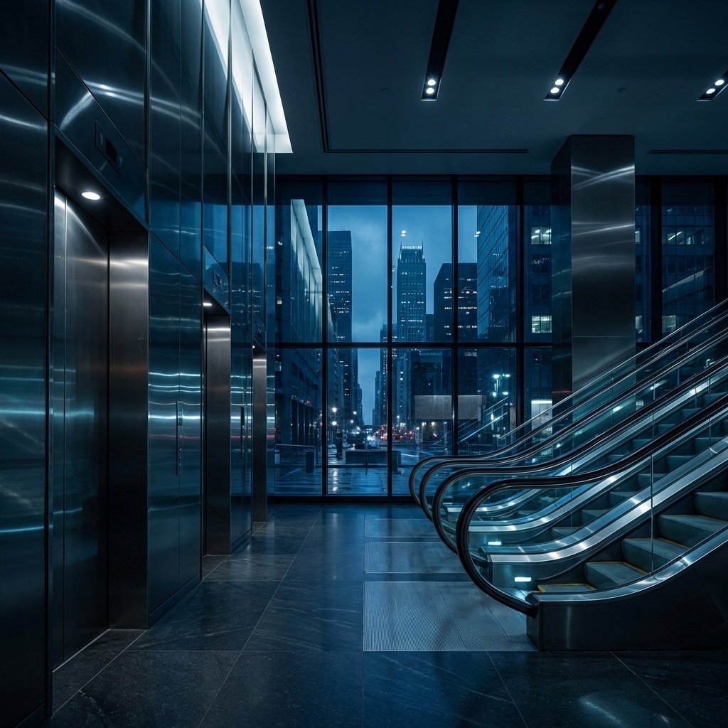 Luxury lift lobby with city skyline